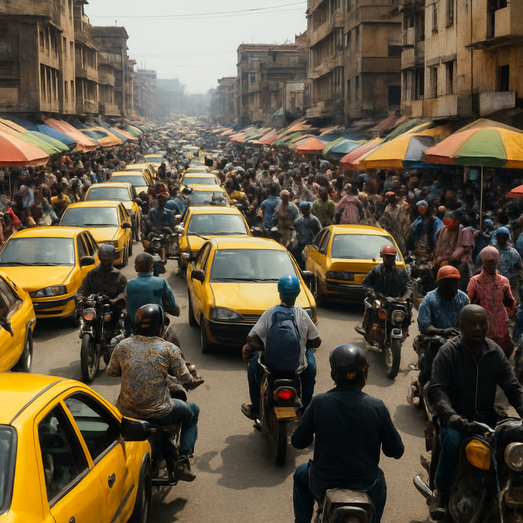 Une rue animée de transport informel dans une ville d’Afrique de l’Ouest